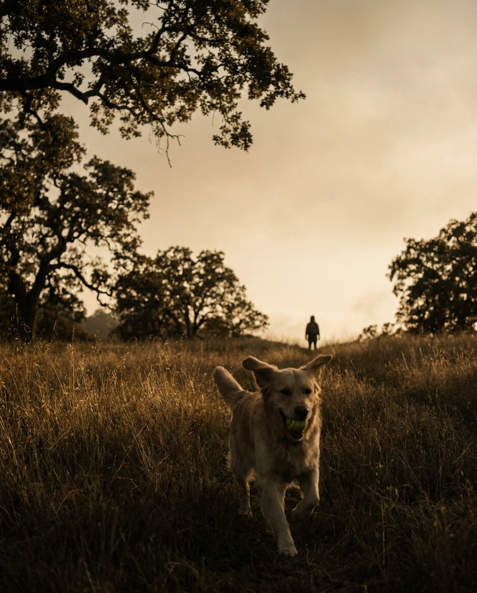 A golden retriever returning with a ball across a field at golden hour.