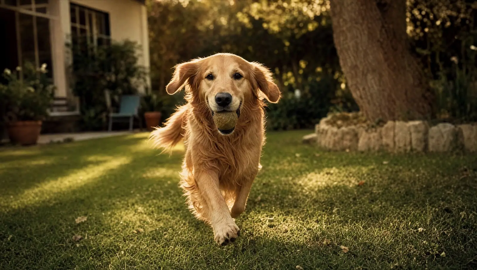 A golden retriever trotting back across a sunlit yard with a ball — clients who keep coming back